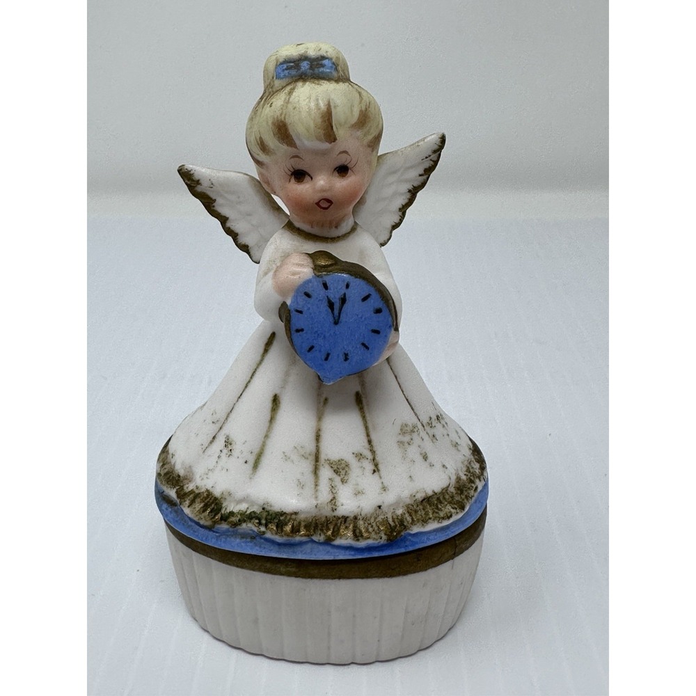 Vintage Lefton February Angel Trinket Box 1950s/1960s Blue Clock Japan 3447